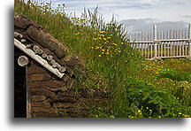 Dach porośnięty trawą::L'Anse aux Meadows, Nowa Fundlandia, Kanada::