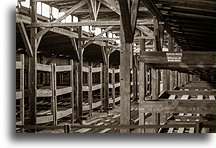 Łóżka w drewnianym baraku::Obóz koncentracyjny Auschwitz::